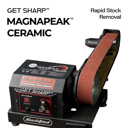 Belt sander with 'Get Sharp' and 'MagnaPeak Ceramic' branding on a white background