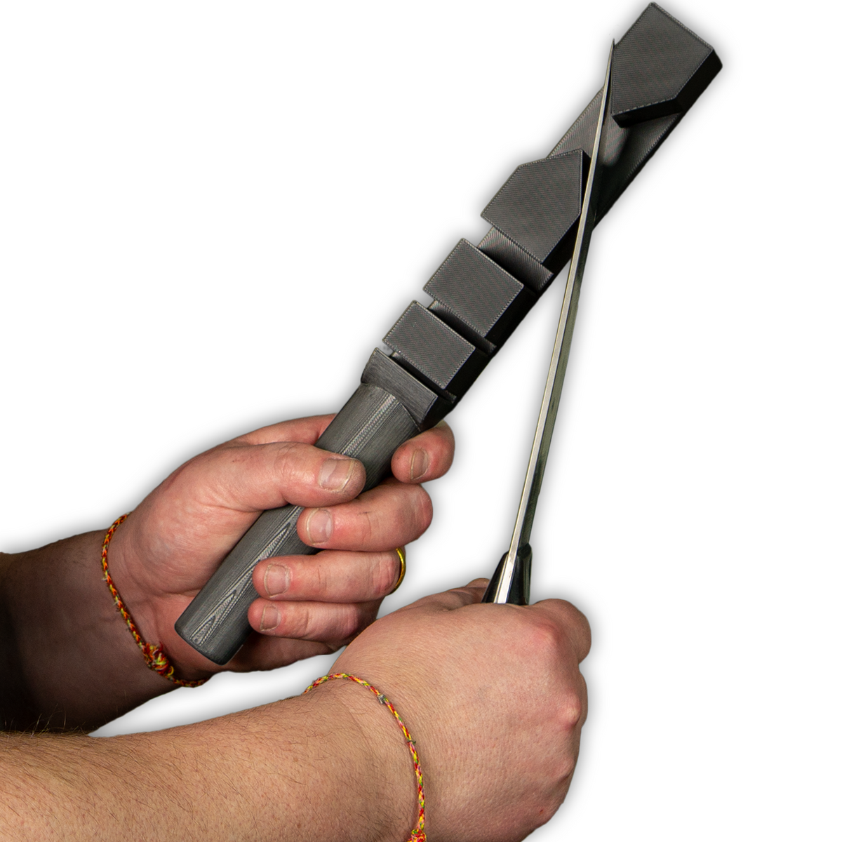 Hizumibo tool being used to straighten a bent chef knife bevel and spine - Professional Knife Straightening Jig by Get Sharp USA