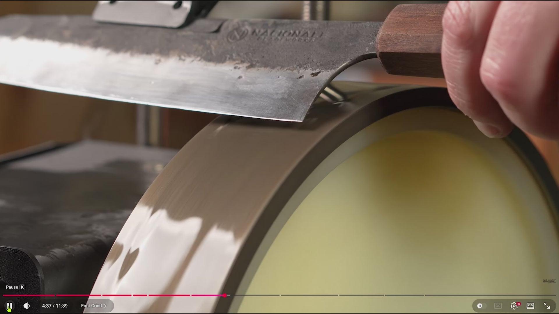Get Sharp USA sharpening a Nacionale Bladeworks knife on a CBN Wheel.