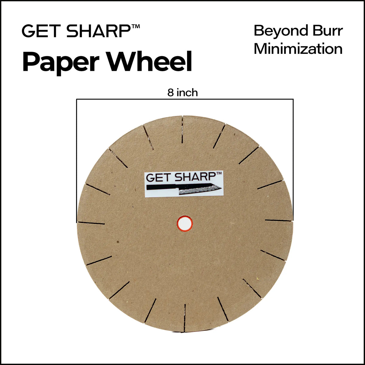 Compressed paper deburring wheel mounted for bench grinder knife sharpening.